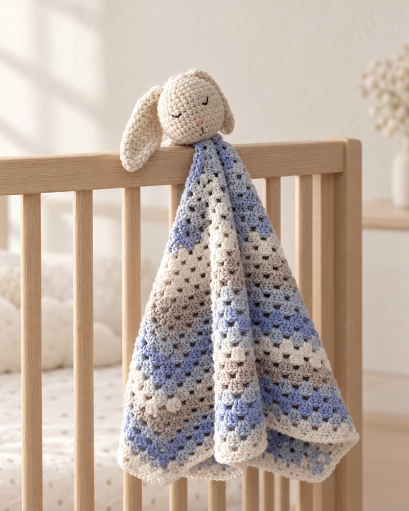Clover draped over a light oak crib rail in a bright nursery