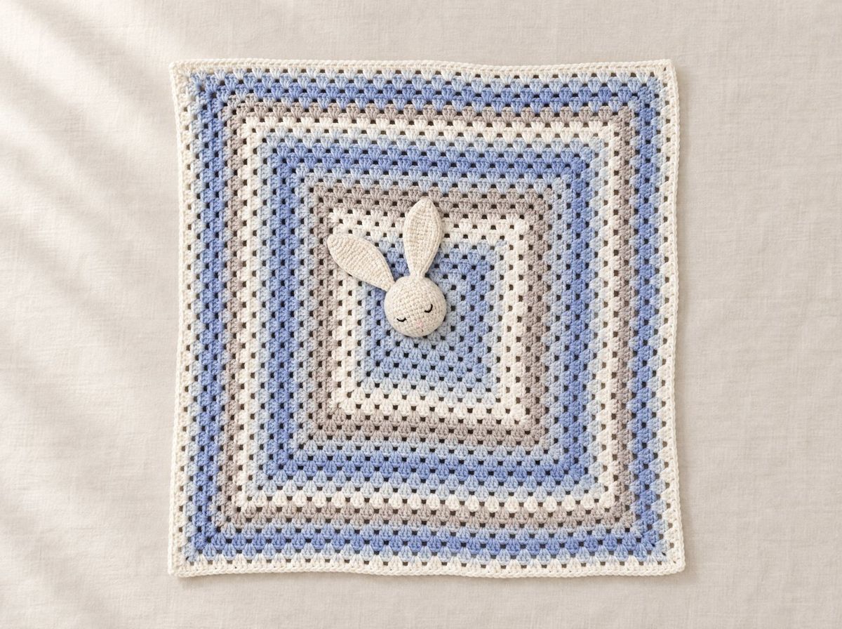 Clover the bunny lovey laid flat on linen: a granny-square blanket in periwinkle, powder blue, oat and cream with a hand-crocheted sleeping bunny at the center