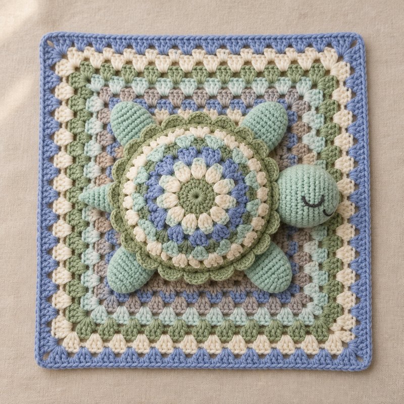Brook the turtle lovey: a granny-square blanket in cornflower blue, mint, sage green, grey and cream with a full hand-crocheted sleeping turtle at the center, its domed shell worked as a scalloped mandala